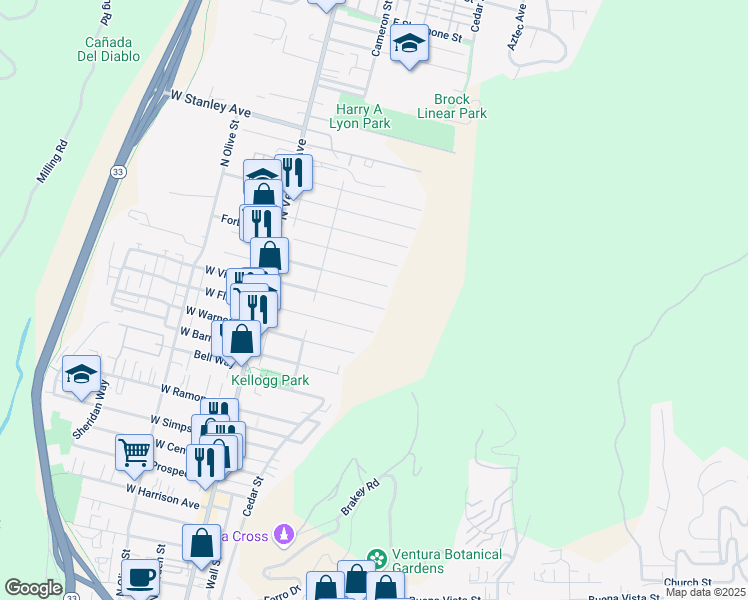 map of restaurants, bars, coffee shops, grocery stores, and more near 342 East Vince Street in Ventura
