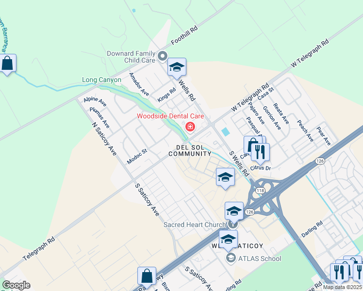 map of restaurants, bars, coffee shops, grocery stores, and more near 10896 Telegraph Road in Ventura
