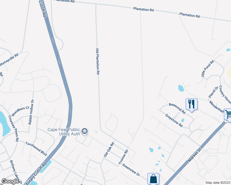 map of restaurants, bars, coffee shops, grocery stores, and more near 7480 Plantation Road in Wilmington