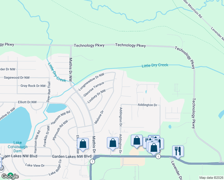 map of restaurants, bars, coffee shops, grocery stores, and more near 144 Malone Drive in Rome