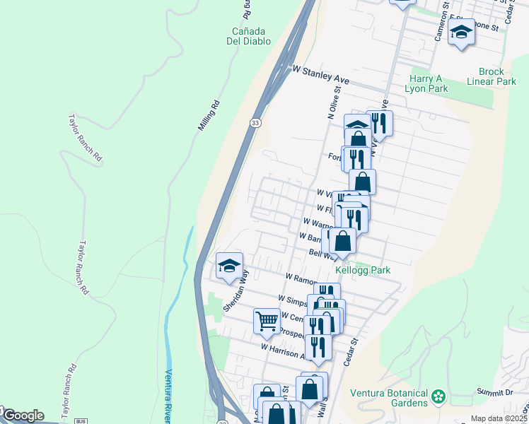 map of restaurants, bars, coffee shops, grocery stores, and more near 340 West Warner Street in Ventura