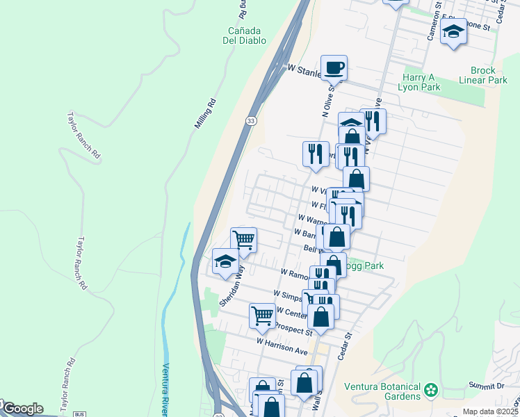 map of restaurants, bars, coffee shops, grocery stores, and more near 340 West Warner Street in Ventura