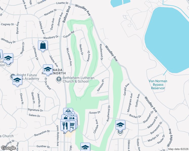 map of restaurants, bars, coffee shops, grocery stores, and more near 16734 Pineridge Drive in Los Angeles