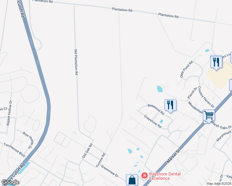 map of restaurants, bars, coffee shops, grocery stores, and more near 7580 Plantation Road in Wilmington