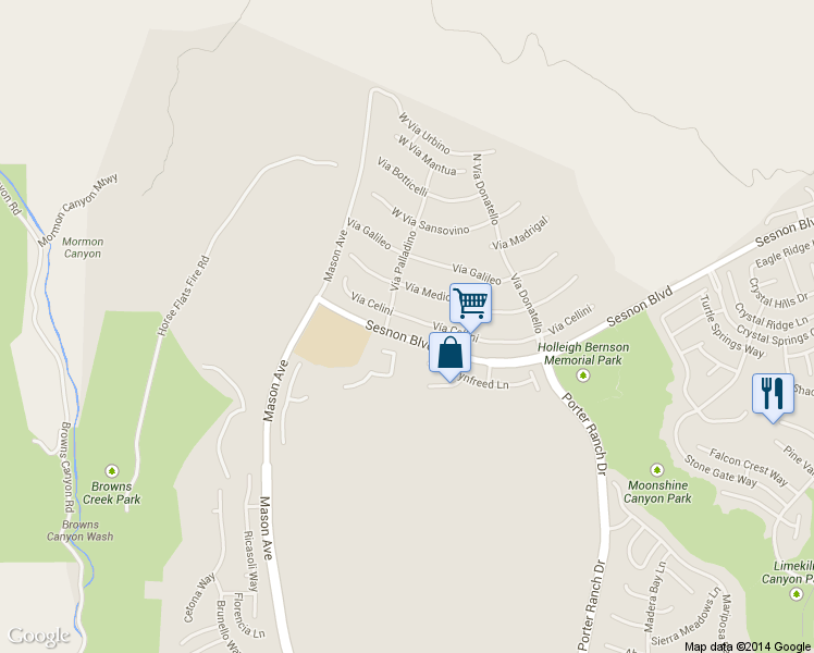 map of restaurants, bars, coffee shops, grocery stores, and more near 20356 Vía Cellini in Los Angeles