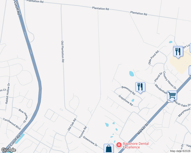 map of restaurants, bars, coffee shops, grocery stores, and more near 7580 Plantation Road in Wilmington