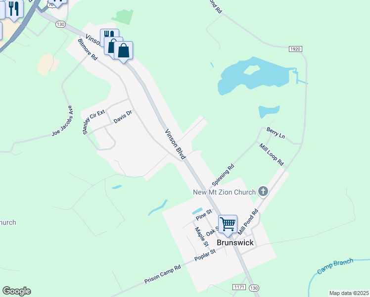 map of restaurants, bars, coffee shops, grocery stores, and more near 997 Vinson Boulevard in Whiteville