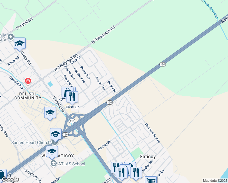 map of restaurants, bars, coffee shops, grocery stores, and more near 481 Pear Avenue in Ventura