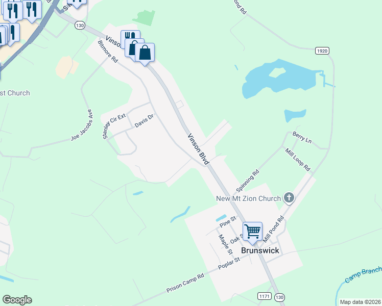map of restaurants, bars, coffee shops, grocery stores, and more near 790 Bitmore Road in Whiteville
