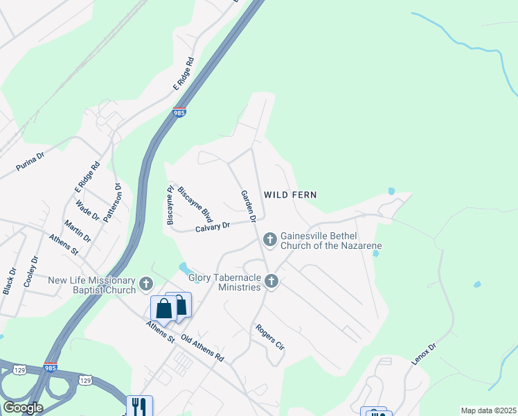 map of restaurants, bars, coffee shops, grocery stores, and more near 2041 Garden Road in Gainesville