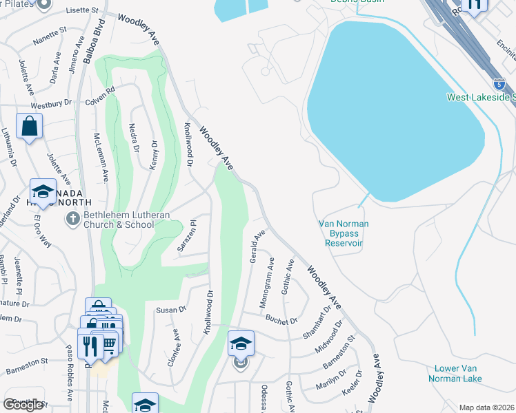 map of restaurants, bars, coffee shops, grocery stores, and more near 12299 Woodley Avenue in Los Angeles