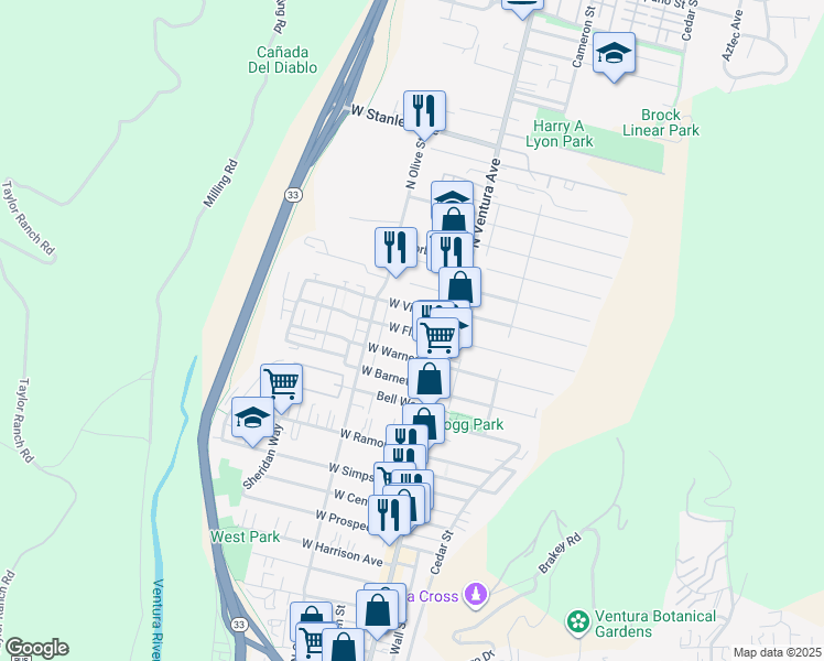 map of restaurants, bars, coffee shops, grocery stores, and more near 32 West Flint Street in Ventura