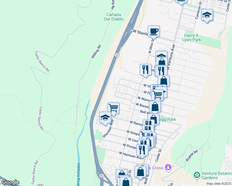 map of restaurants, bars, coffee shops, grocery stores, and more near 873 Riverside Street in Ventura