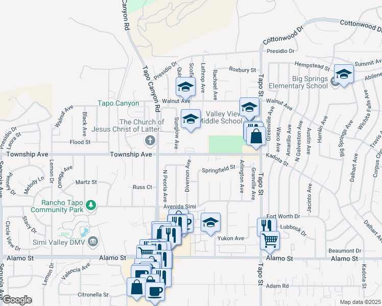 map of restaurants, bars, coffee shops, grocery stores, and more near 4101 Township Avenue in Simi Valley