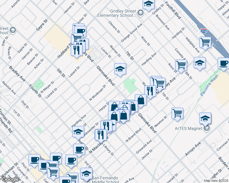 map of restaurants, bars, coffee shops, grocery stores, and more near 766 Harding Avenue in San Fernando