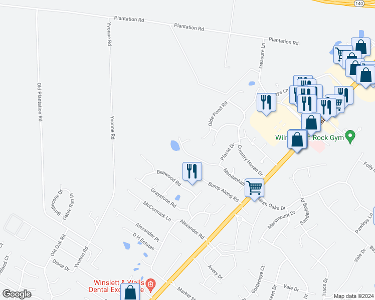 map of restaurants, bars, coffee shops, grocery stores, and more near 304 Mendenhall Drive in Wilmington