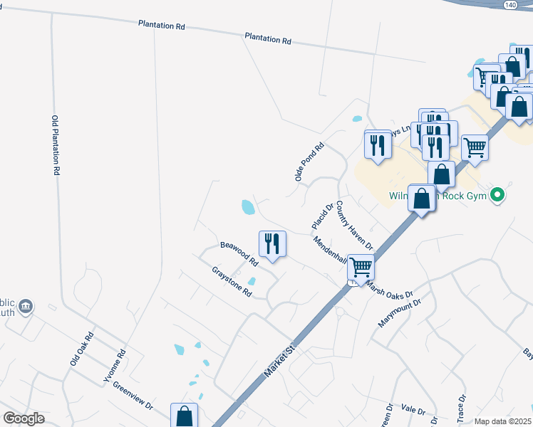 map of restaurants, bars, coffee shops, grocery stores, and more near 304 Mendenhall Drive in Wilmington