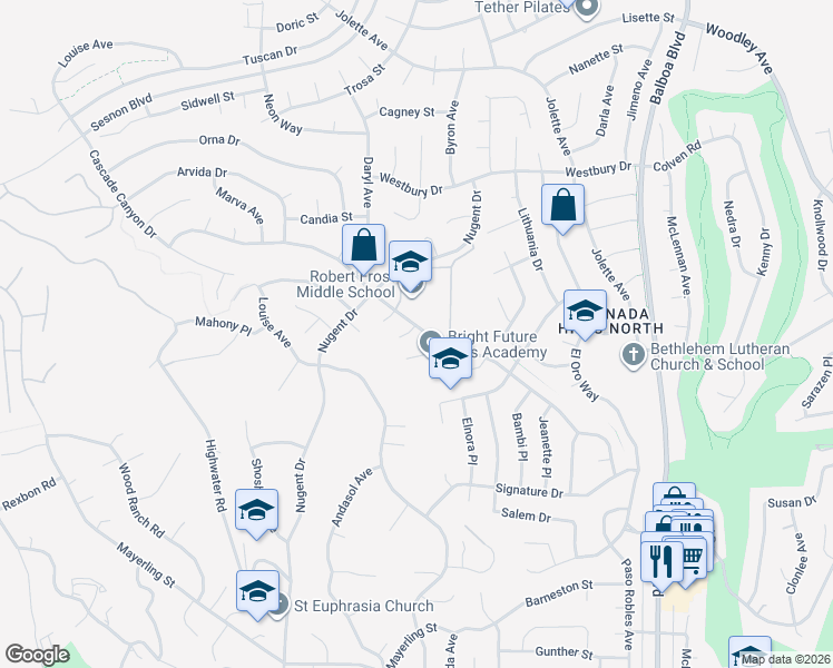 map of restaurants, bars, coffee shops, grocery stores, and more near 17400 Fairland Court in Los Angeles