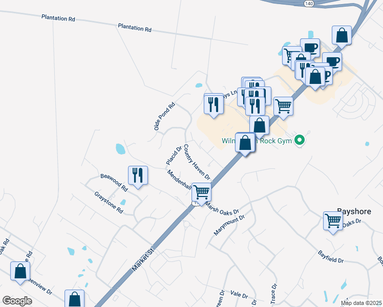 map of restaurants, bars, coffee shops, grocery stores, and more near 132 Country Haven Drive in Wilmington
