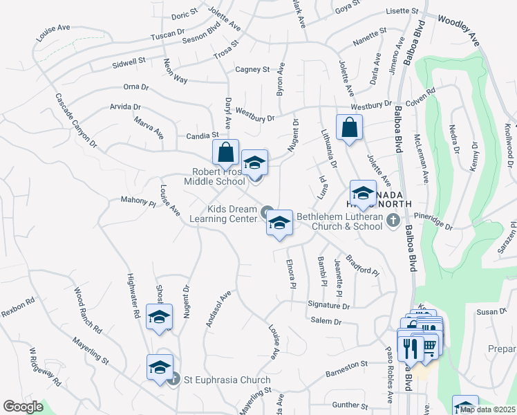 map of restaurants, bars, coffee shops, grocery stores, and more near 17400 Fairland Court in Los Angeles