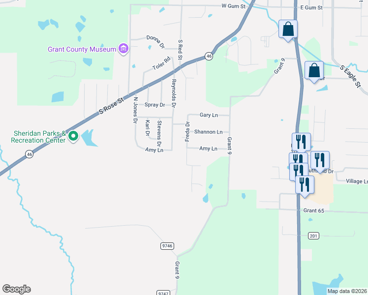 map of restaurants, bars, coffee shops, grocery stores, and more near 1113 Freda Drive in Sheridan