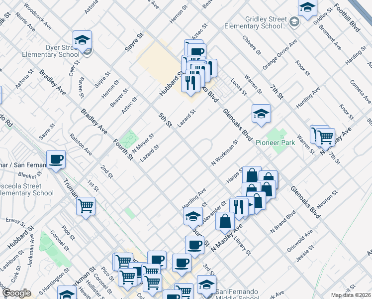 map of restaurants, bars, coffee shops, grocery stores, and more near 551 Fermoore Street in San Fernando