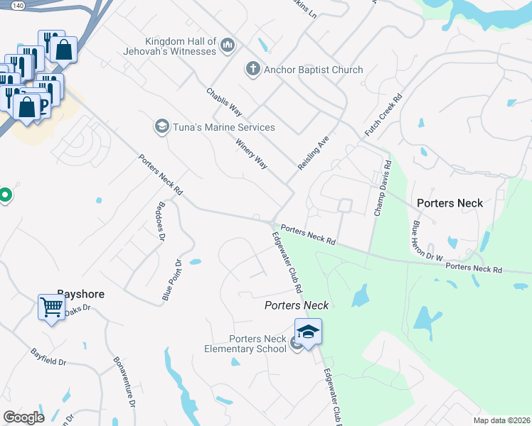 map of restaurants, bars, coffee shops, grocery stores, and more near 817 Porters Neck Road in Wilmington