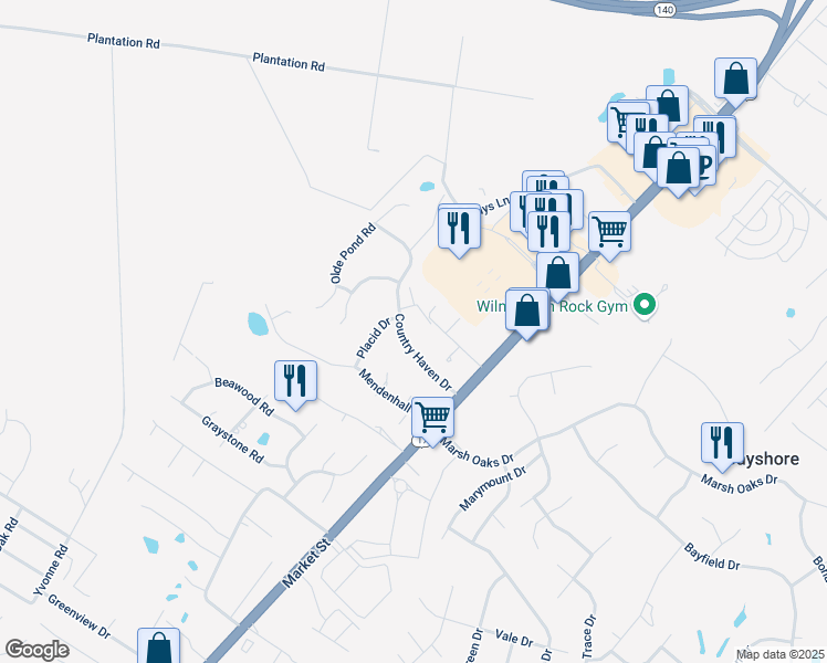 map of restaurants, bars, coffee shops, grocery stores, and more near 132 Country Haven Drive in Wilmington