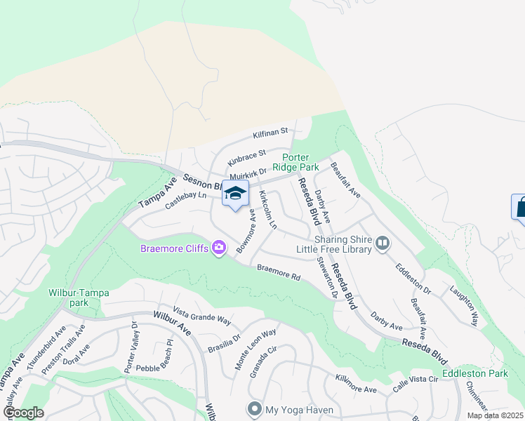 map of restaurants, bars, coffee shops, grocery stores, and more near 18930 Kirkcolm Lane in Los Angeles