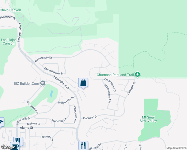 map of restaurants, bars, coffee shops, grocery stores, and more near 3369 Crazy Horse Drive in Simi Valley