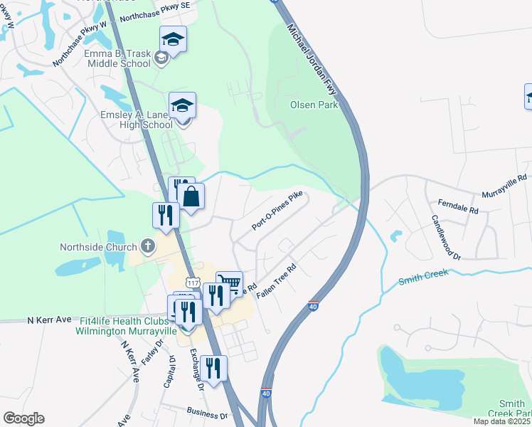 map of restaurants, bars, coffee shops, grocery stores, and more near Port-O-Pines Pike in Wilmington