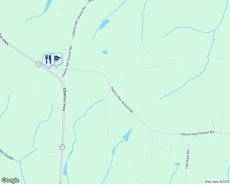 map of restaurants, bars, coffee shops, grocery stores, and more near Nancy Hart School Rd in Hartwell