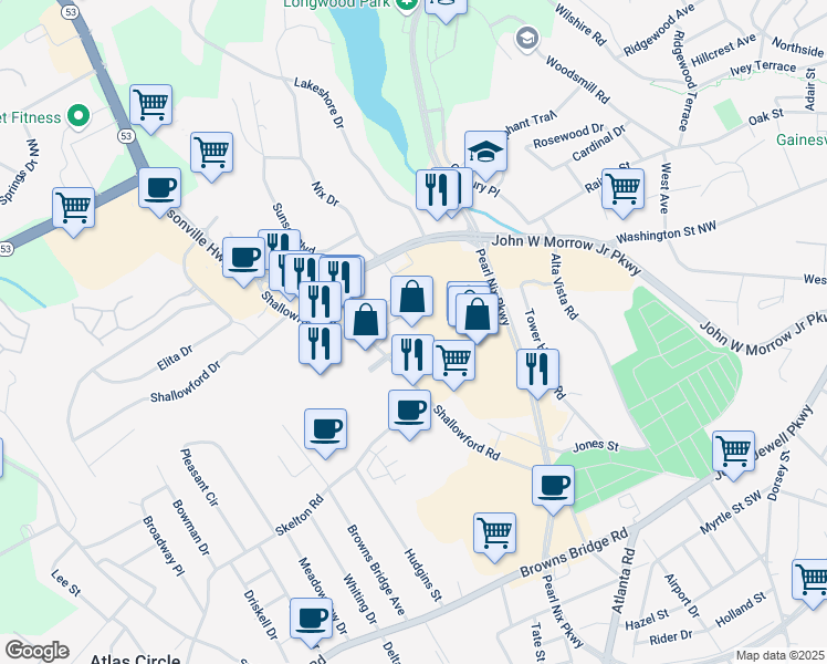 map of restaurants, bars, coffee shops, grocery stores, and more near 1358 Plaza Drive in Gainesville