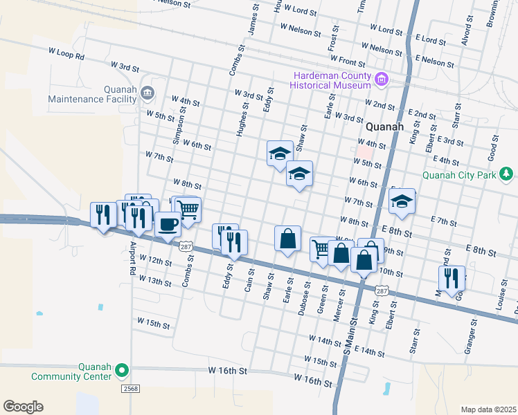map of restaurants, bars, coffee shops, grocery stores, and more near 900 Cain Street in Quanah