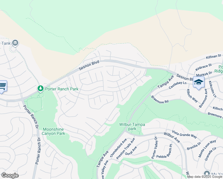 map of restaurants, bars, coffee shops, grocery stores, and more near 19554 Crystal Ridge Lane in Los Angeles