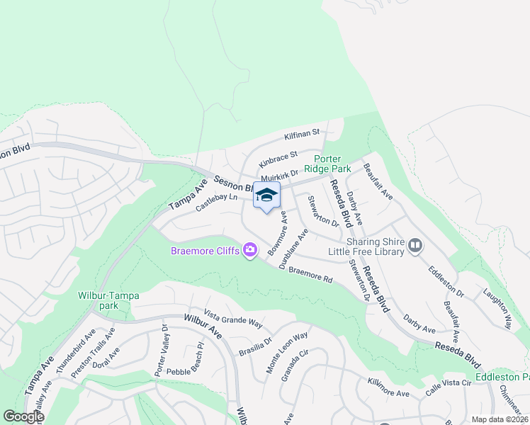 map of restaurants, bars, coffee shops, grocery stores, and more near 19010 Castlebay Lane in Porter Ranch
