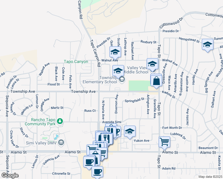 map of restaurants, bars, coffee shops, grocery stores, and more near 4069 Peoria Avenue in Simi Valley