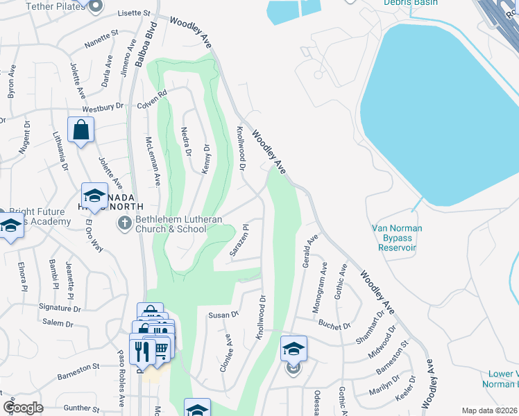 map of restaurants, bars, coffee shops, grocery stores, and more near 16579 Knollwood Drive in Los Angeles