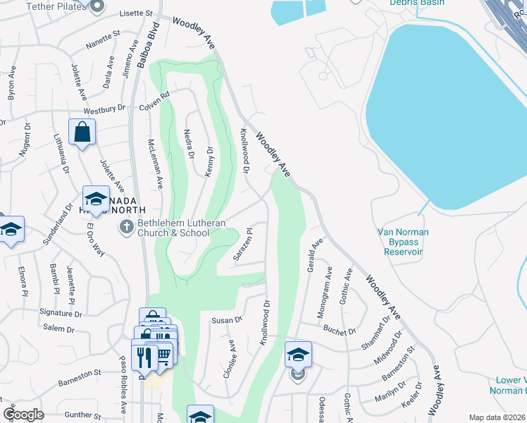 map of restaurants, bars, coffee shops, grocery stores, and more near 16600 Knollwood Drive in Los Angeles
