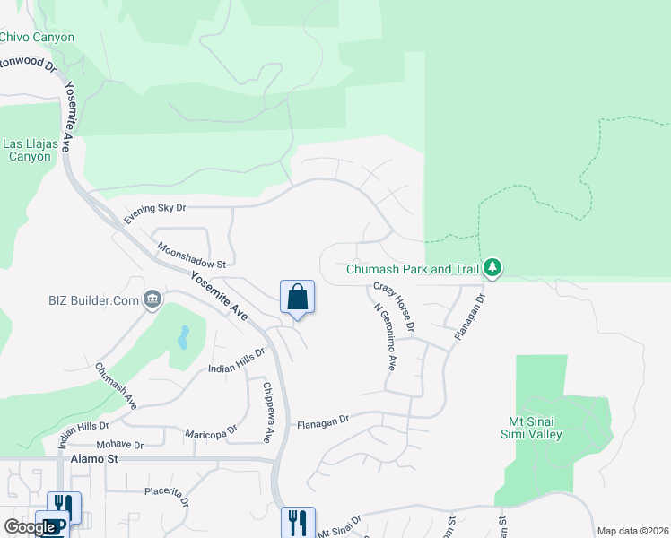 map of restaurants, bars, coffee shops, grocery stores, and more near 3369 Crazy Horse Drive in Simi Valley