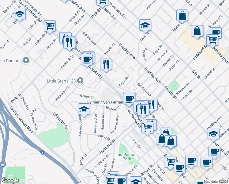 map of restaurants, bars, coffee shops, grocery stores, and more near 12301 San Fernando Road in Los Angeles