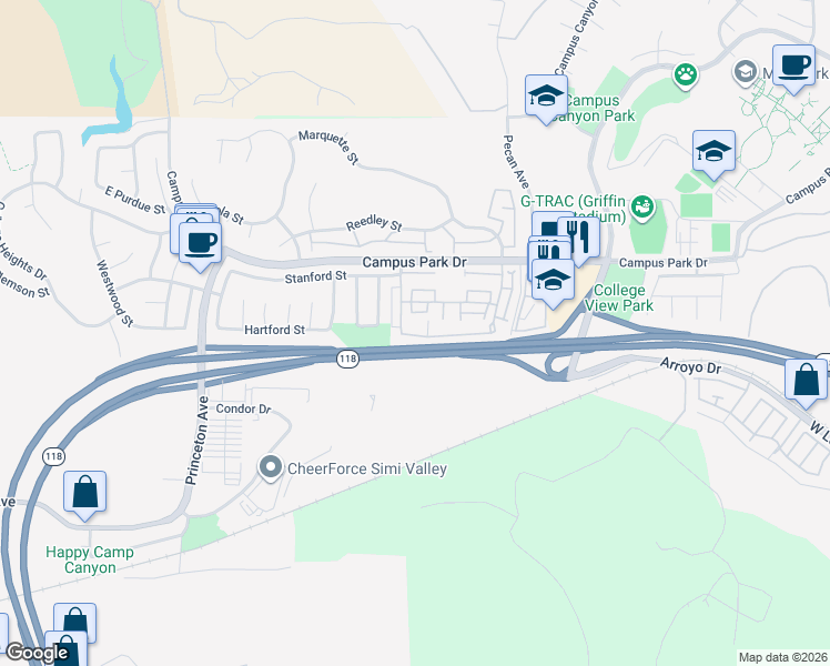 map of restaurants, bars, coffee shops, grocery stores, and more near 6412 Penn Street in Moorpark