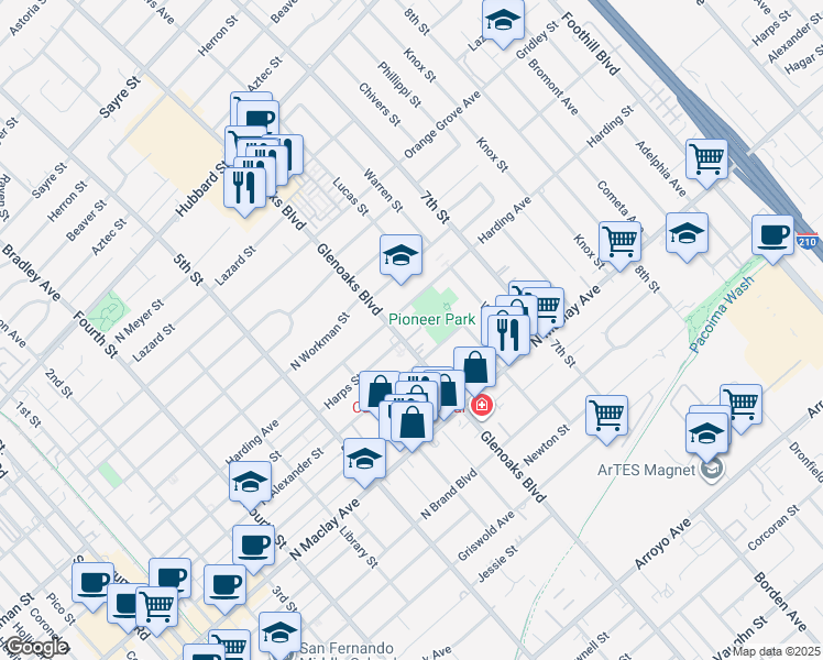 map of restaurants, bars, coffee shops, grocery stores, and more near 828 Harding St in San Fernando