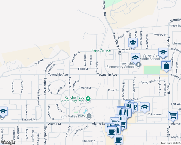 map of restaurants, bars, coffee shops, grocery stores, and more near 3262 Black Avenue in Simi Valley
