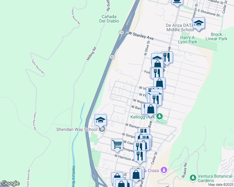 map of restaurants, bars, coffee shops, grocery stores, and more near 337 West Warner Street in Ventura