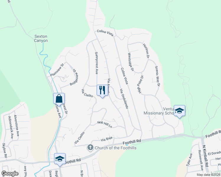 map of restaurants, bars, coffee shops, grocery stores, and more near 940 Via Arroyo in Ventura