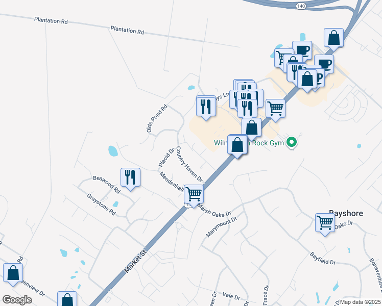 map of restaurants, bars, coffee shops, grocery stores, and more near 113-127 Sweetwater Dr in Wilmington