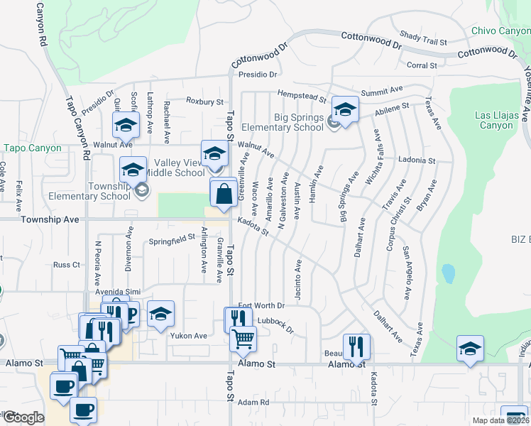map of restaurants, bars, coffee shops, grocery stores, and more near 3235 Amarillo Avenue in Simi Valley