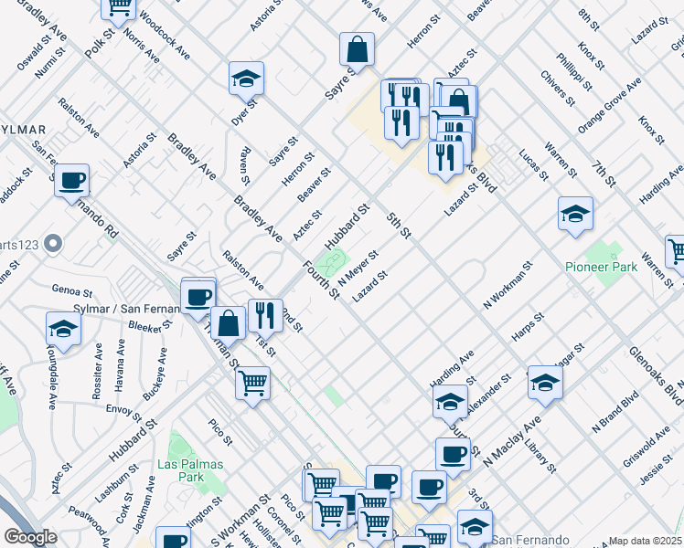 map of restaurants, bars, coffee shops, grocery stores, and more near 453 North Meyer Street in San Fernando