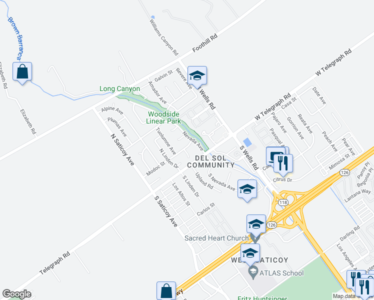 map of restaurants, bars, coffee shops, grocery stores, and more near 10742 Modoc Street in Ventura